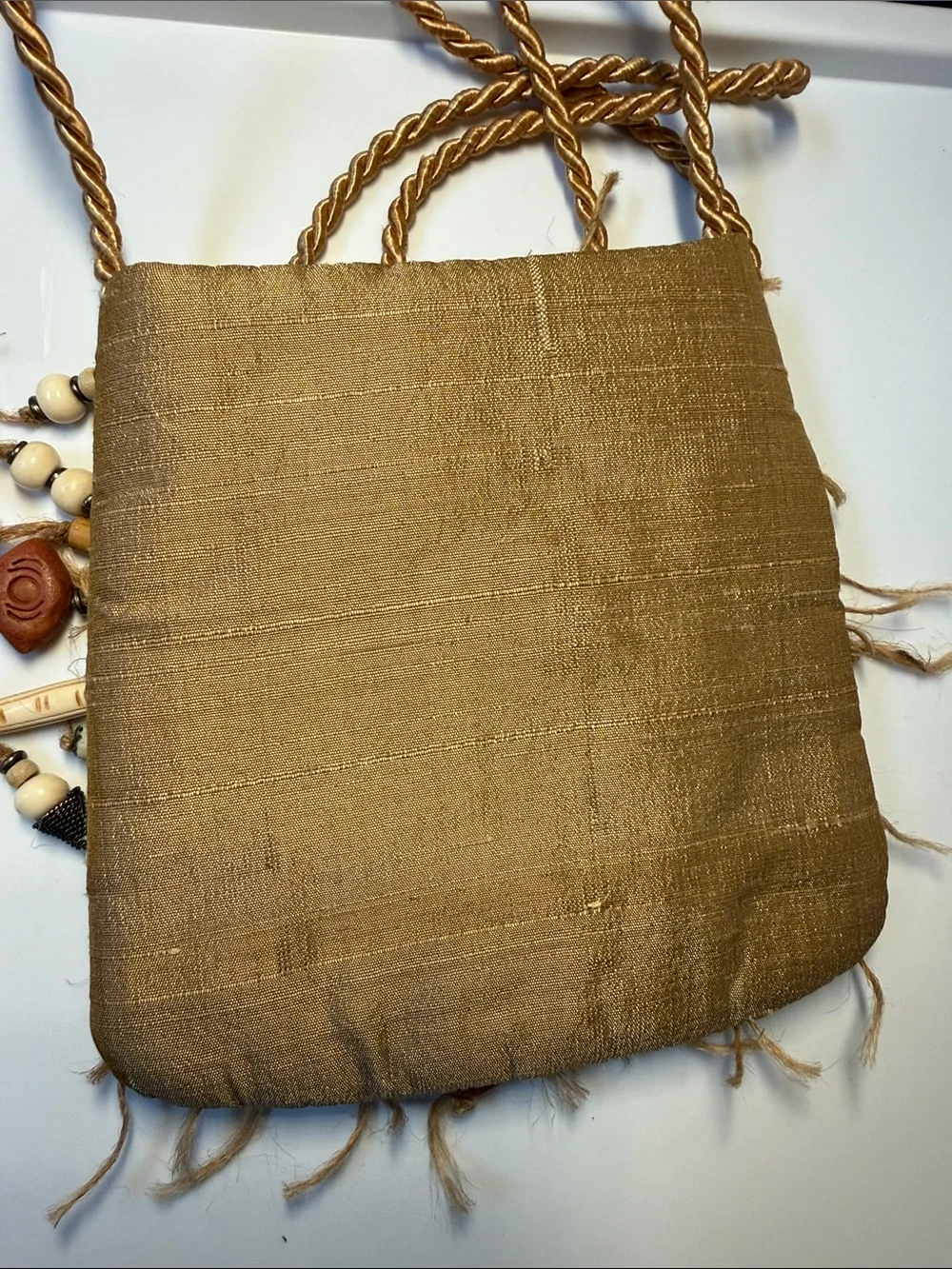 Handcrafted Beaded Fringe Crossbody Bag – Tan